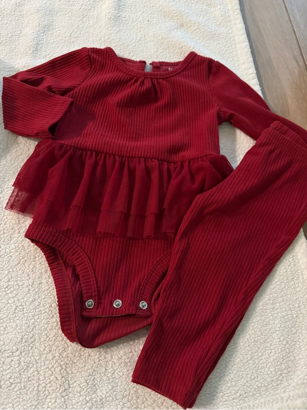 Carter's Long-Sleeve Ribbed Red One-Piece with Tulle Peplum & Pants